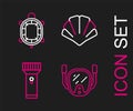 Set line Diving mask, Flashlight, Scallop sea shell and Turtle icon. Vector