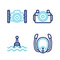 Set line Diving mask with snorkel, Floating buoy, Photo camera for diver and icon. Vector