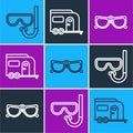 Set line Diving mask and snorkel, Glasses and Rv Camping trailer icon. Vector