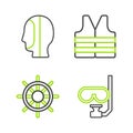 Set line Diving mask and snorkel, Ship steering wheel, Life jacket and hood icon. Vector