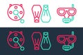 Set line Diving mask and snorkel, Spinning reel for fishing and Rubber flippers swimming icon. Vector