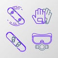 Set line Diving mask, Snowboard, Gloves and Skateboard trick icon. Vector