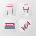 Set line DNA symbol, Stacks paper money cash, Table lamp and Coffee cup icon. Vector Royalty Free Stock Photo