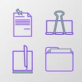 Set line Document folder, File document, Binder clip and Note paper with pinned pushbutton icon. Vector Royalty Free Stock Photo