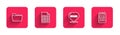 Set line Document folder, File document, Heart with text work and Spiral notebook with long shadow. Red square button Royalty Free Stock Photo