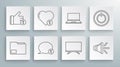 Set line Document folder, Like and heart, Speech bubble chat, Smart Tv, Speaker volume, Laptop, Power button and Hand