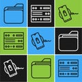 Set line Document folder, Wireless charger and Server, Data, Web Hosting icon. Vector