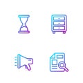 Set line Document with graph chart, Megaphone, Old hourglass and Archive papers drawer. Gradient color icons. Vector