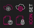 Set line Document and lock, Delete file document, Cloud shield and Add cloud icon. Vector