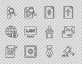 Set line Document and pen, Judge gavel, Law book, Safe, Footsteps, Location law, Fountain nib and Envelope icon. Vector