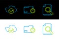 Set line Document with search, Cloud check mark and folder clock icon. Vector