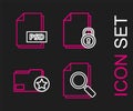 Set line Document with search, folder star, and lock and PSD file document icon. Vector