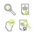 Set line Document with search, Head law, Certificate template and Magnifying glass for icon. Vector