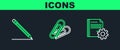 Set line Document settings with gears, Pencil eraser and line and Paper clip icon. Vector