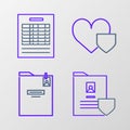 Set line Document with shield, Personal folder, Heart and Report file document icon. Vector Royalty Free Stock Photo
