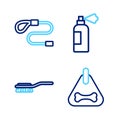 Set line Dog collar, Hair brush for dog and cat, Pet shampoo and Retractable cord leash icon. Vector Royalty Free Stock Photo