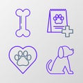 Set line Dog, Heart with animals footprint, Bag of food for dog and bone icon. Vector Royalty Free Stock Photo