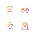 Set line Dog house and paw print, Location pet grooming, and Medical rubber gloves. Gradient color icons. Vector