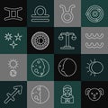 Set line Dog zodiac, Eclipse of the sun, Aquarius, Taurus, Astrology horoscope circle, Falling star, Gemini and Libra Royalty Free Stock Photo