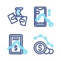 Set line Dollar rate decrease, Mobile stock trading, and Tearing money banknote icon. Vector