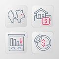 Set line Dollar rate decrease, Pie chart infographic, Hanging sign with Sale and Broken piggy bank icon. Vector