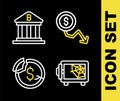 Set line Dollar rate decrease, Safe, and Bank building icon. Vector Royalty Free Stock Photo