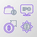 Set line Dollar, share, network, Financial growth and bitcoin, IPO and Wallet with coins icon. Vector