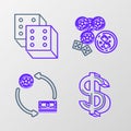 Set line Dollar symbol, Casino chips exchange on stacks of dollars, chips, game dice and glass whiskey with ice cubes Royalty Free Stock Photo