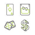 Set line Dollar symbol, Game dice, Glass of whiskey and cubes and Playing card with spades icon. Vector