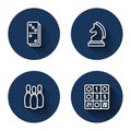 Set line Domino, Chess, Bowling pin and Bingo card with long shadow. Blue circle button. Vector Royalty Free Stock Photo