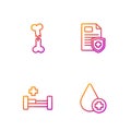 Set line Donate drop blood, Hospital bed, Human broken bone and Patient record. Gradient color icons. Vector