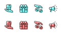 Set line Donation and charity, Book donation, Gift box and Megaphone icon. Vector