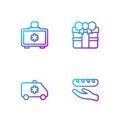 Set line Donation food, Emergency car, First aid kit and Gift box. Gradient color icons. Vector
