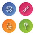 Set line Donut, Candy, Chocolate egg and Lollipop. Color circle button. Vector