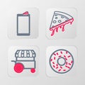 Set line Donut, Fast street food cart, Slice of pizza and Aluminum can icon. Vector Royalty Free Stock Photo