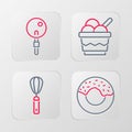 Set line Donut, Kitchen whisk, Ice cream in bowl and Lollipop icon. Vector