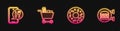 Set line Donut, Online ordering and delivery, Shopping cart food and burger. Glowing neon icon. Vector