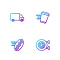 Set line Donut, Online ordering hotdog, Fast delivery by car and Coffee cup to go. Gradient color icons. Vector