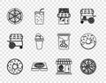 Set line Donut, Pizza, Pizzeria building facade, cardboard box, Ice cream, and icon. Vector