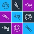 Set line Donut, Police megaphone and Flashlight icon. Vector