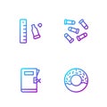 Set line Donut, Police station folder, Bullet casing with ruler and . Gradient color icons. Vector