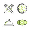 Set line Donut with sweet glaze, Covered tray of food, Pizza and Crossed fork icon. Vector