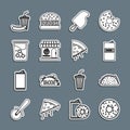 Set line Donut, Taco with tortilla, Beer can, Ice cream, Pizzeria building facade, Glass water, Soda and hotdog and Royalty Free Stock Photo