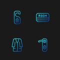 Set line Door handle, Bathrobe, Please do not disturb and Hotel key card. Gradient color icons. Vector