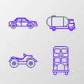 Set line Double decker bus, All Terrain Vehicle or ATV motorcycle, Tanker truck and Sedan car icon. Vector Royalty Free Stock Photo