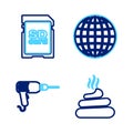 Set line Download arrow with folder, Drill machine, Earth globe and SD card icon. Vector