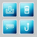 Set line Download, Setting on smartphone, Like and heart and Fishing hook icon. Vector Royalty Free Stock Photo