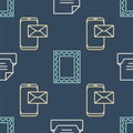 Set line Drawer with document, Mobile and envelope and Postal stamp on seamless pattern. Vector Royalty Free Stock Photo