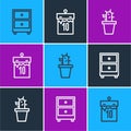 Set line Drawer with documents, Cactus and succulent in pot and Calendar icon. Vector