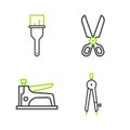 Set line Drawing compass, Construction stapler, Scissors and Paint brush icon. Vector